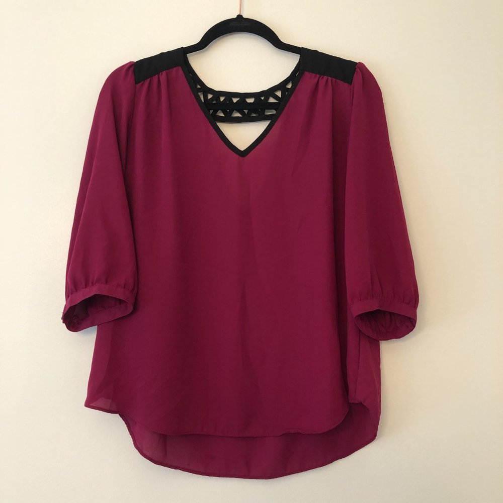 A. Byer Burgundy V-Neck 3/4 Sleeve Blouse | Size XL - Picture 4 of 11